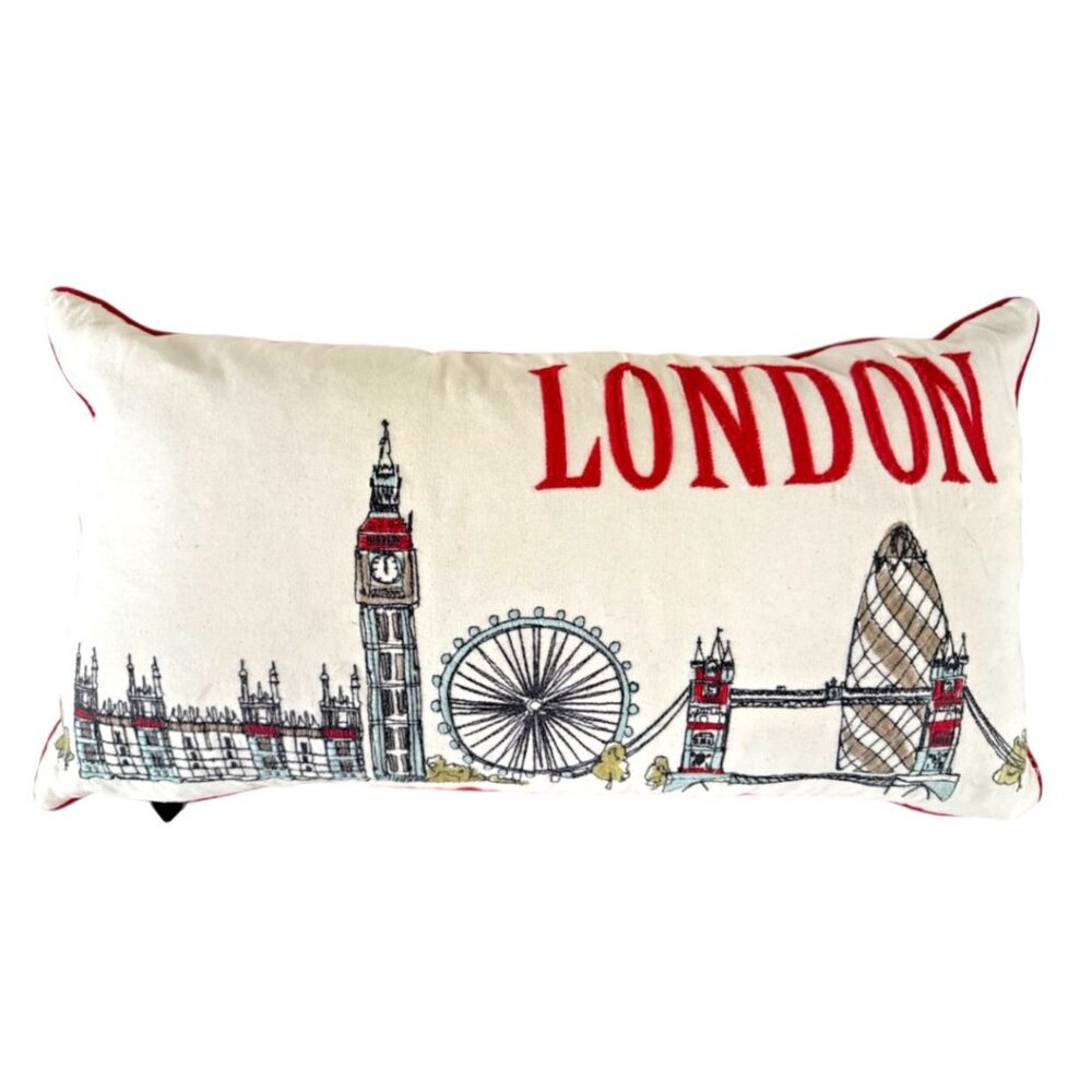 Embroidered London Skyline Down And Feathers Lumbar Pillow 26x14 London Eye